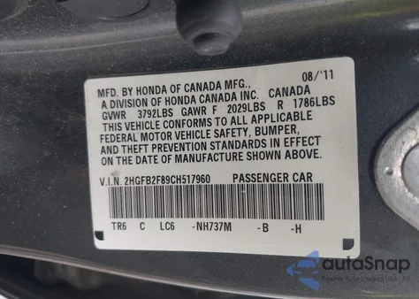 2012 Honda Civic Ex z USA, uszkodzony, nr VIN 2HGFB2F89CH517960